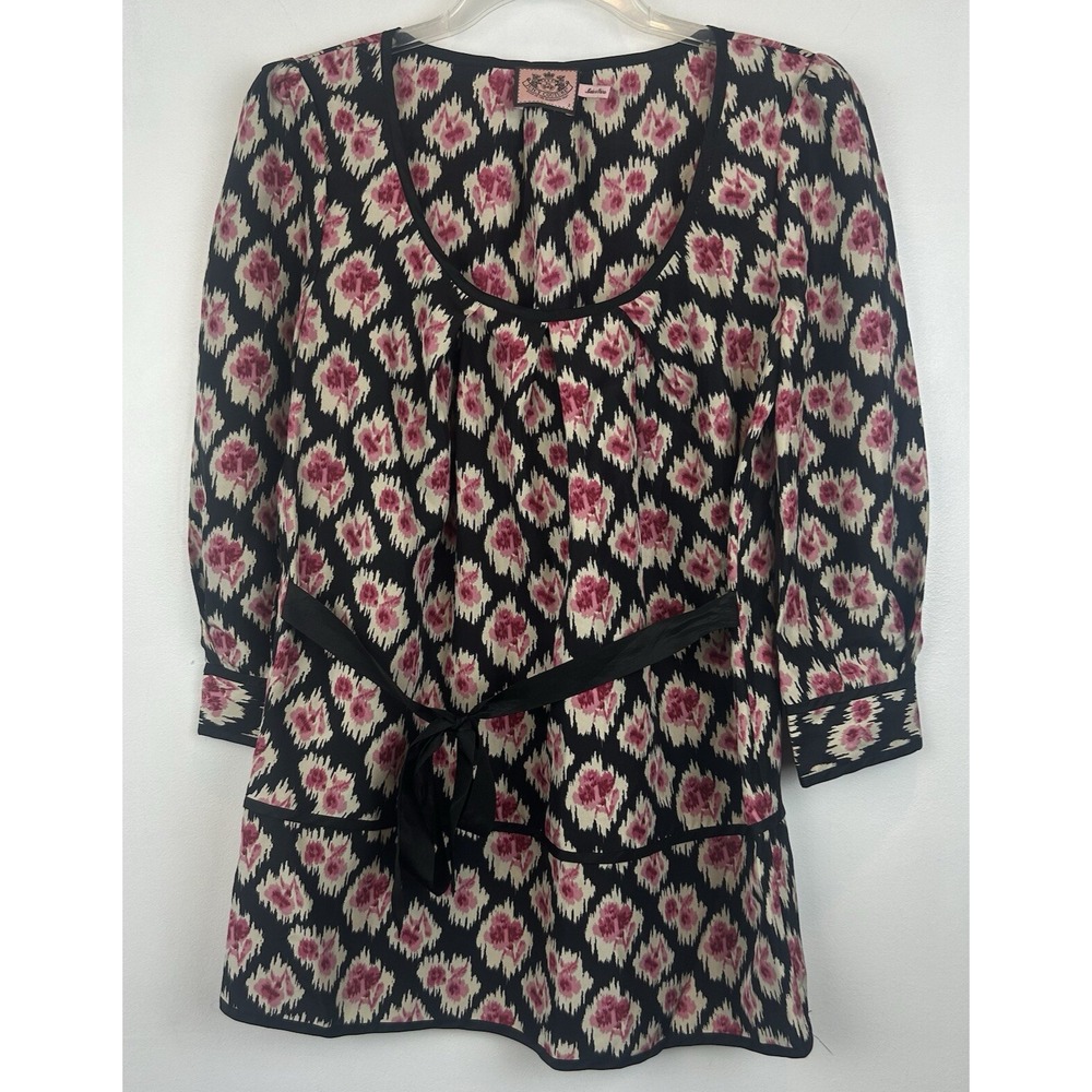 Juicy Couture Top Woman S 2 Tunic Silk Print Pullover Belted Black Office Career